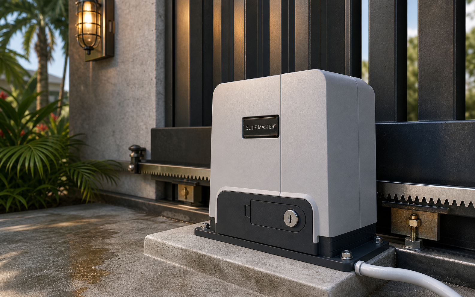 SlideMaster sliding gate motor installed beside a steel gate on a toothed track